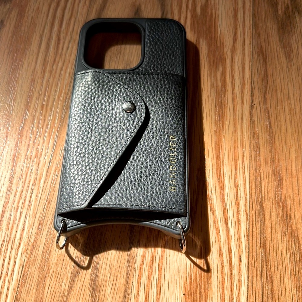 Bandolier Black Leather Phone Case with Strap 14 Pro